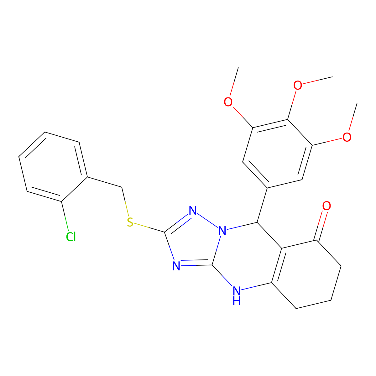 2-[(2-chlorobenzyl)sulfanyl]-9-(3,4,5-trimethoxyphenyl)-5,6,7,9-tetrahydro[1,2,4]triazolo[5,1-b]quinazolin-8(4H)-one molecular structure, CAS 536982-95-3