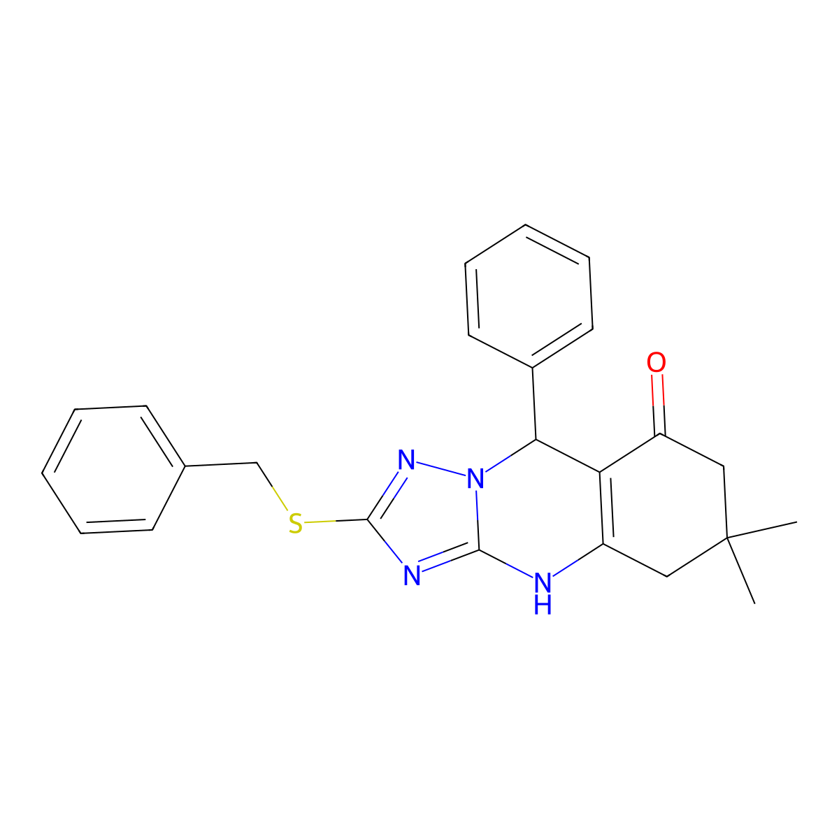 2-(benzylsulfanyl)-6,6-dimethyl-9-phenyl-5,6,7,9-tetrahydro[1,2,4]triazolo[5,1-b]quinazolin-8(4H)-one molecular structure, CAS 536984-37-9