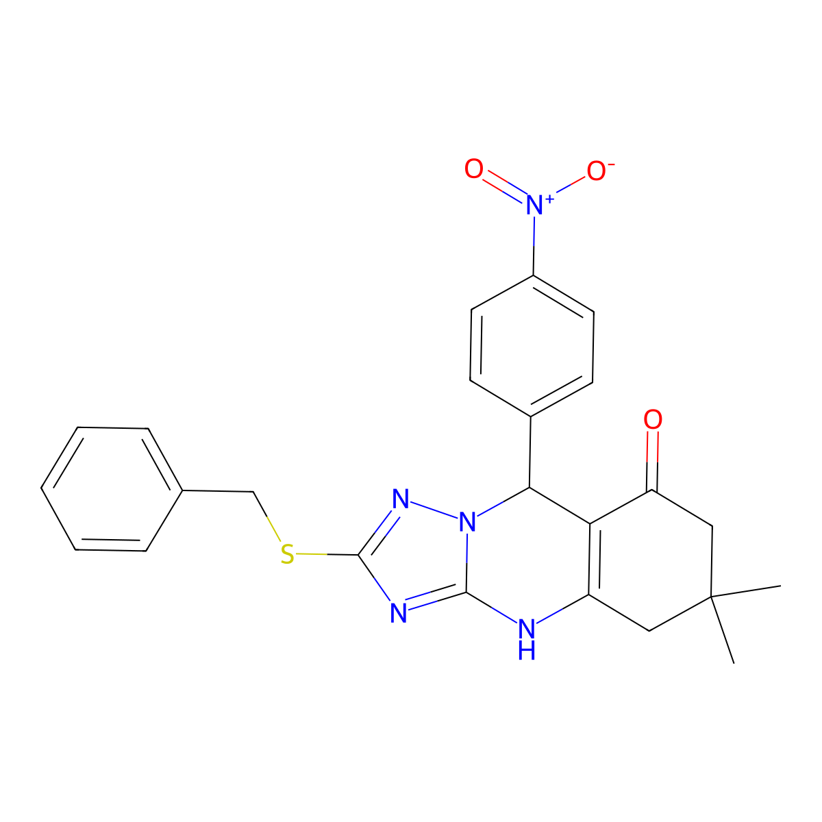 2-(benzylsulfanyl)-6,6-dimethyl-9-(4-nitrophenyl)-4H,5H,6H,7H,8H,9H-[1,2,4]triazolo[3,2-b]quinazolin-8-one molecular structure, CAS 536984-52-8