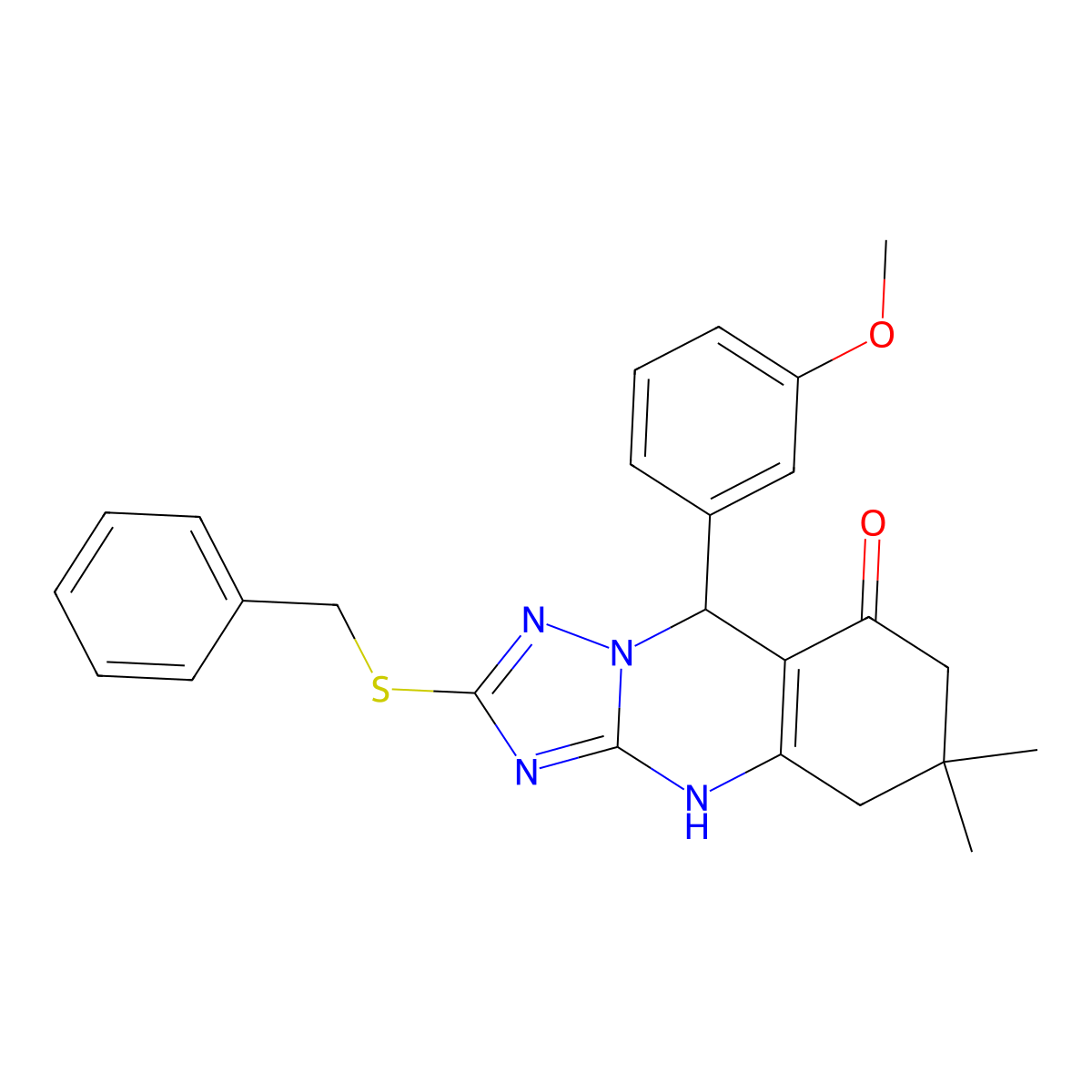 2-(benzylthio)-9-(3-methoxyphenyl)-6,6-dimethyl-5,6,7,9-tetrahydro-[1,2,4]triazolo[5,1-b]quinazolin-8(4H)-one molecular structure, CAS 536984-64-2