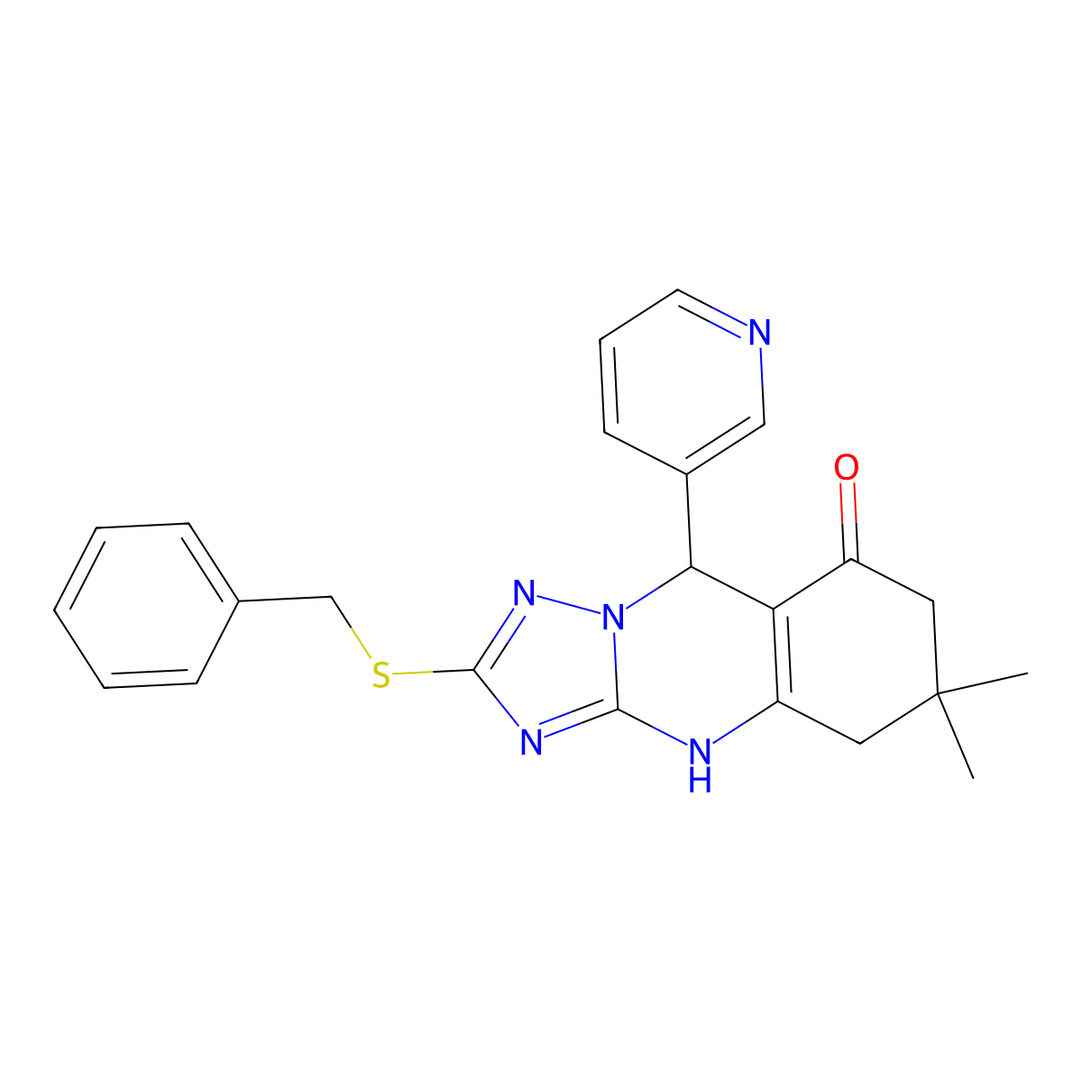 2-(benzylsulfanyl)-6,6-dimethyl-9-(pyridin-3-yl)-5,6,7,9-tetrahydro[1,2,4]triazolo[5,1-b]quinazolin-8(4H)-one molecular structure, CAS 536984-95-9