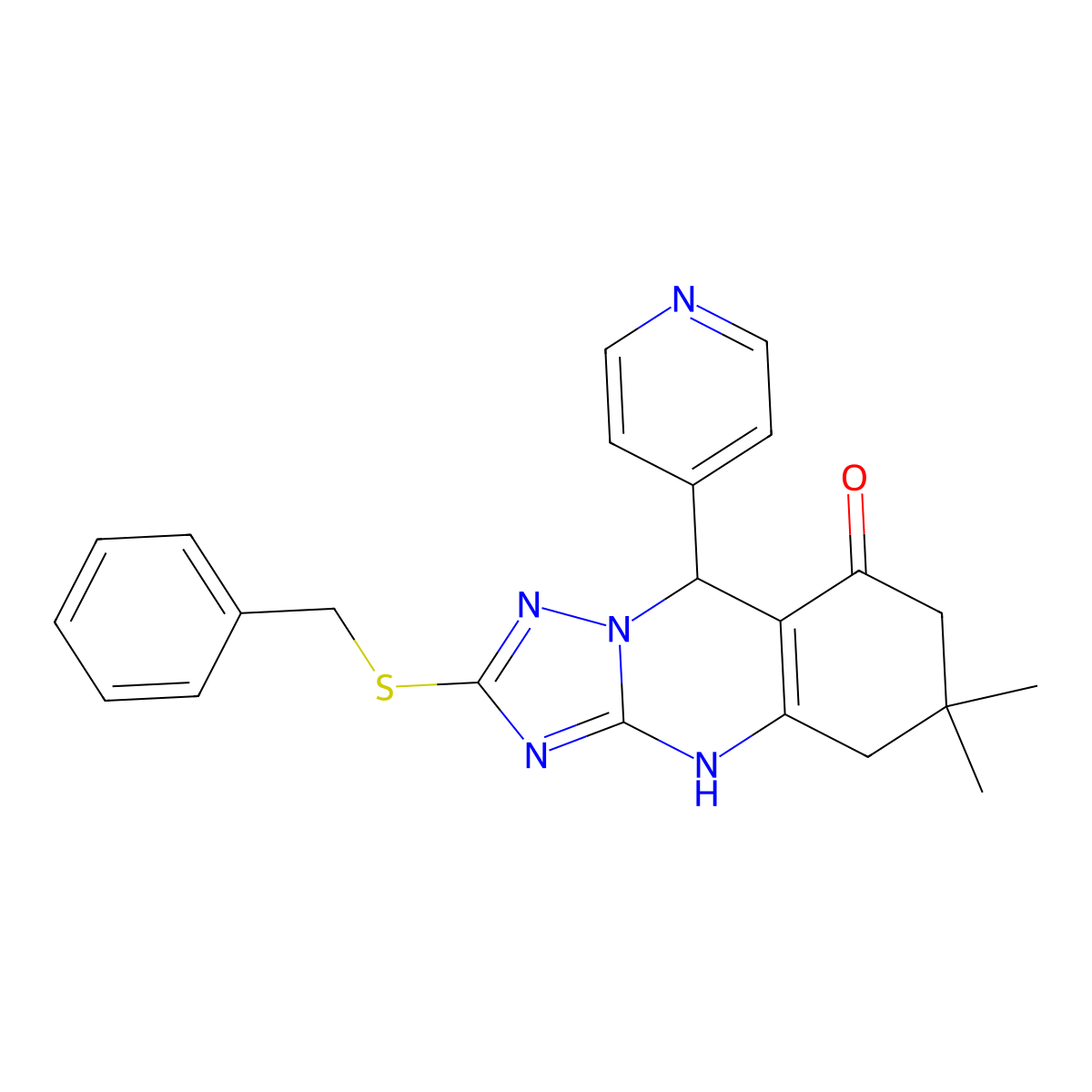 2-(Benzylsulfanyl)-6,6-dimethyl-9-(pyridin-4-yl)-5,6,7,9-tetrahydro[1,2,4]triazolo[5,1-b]quinazolin-8-ol molecular structure, CAS 536984-98-2