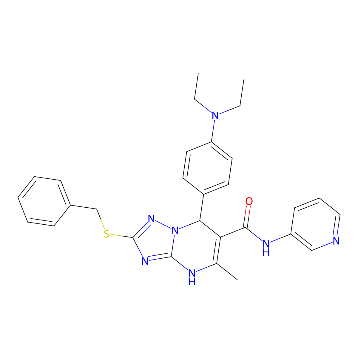 2-(benzylthio)-7-(4-(diethylamino)phenyl)-5-methyl-N-(pyridin-3-yl)-4,7-dihydro-[1,2,4]triazolo[1,5-a]pyrimidine-6-carboxamide molecular structure, CAS 536985-37-2