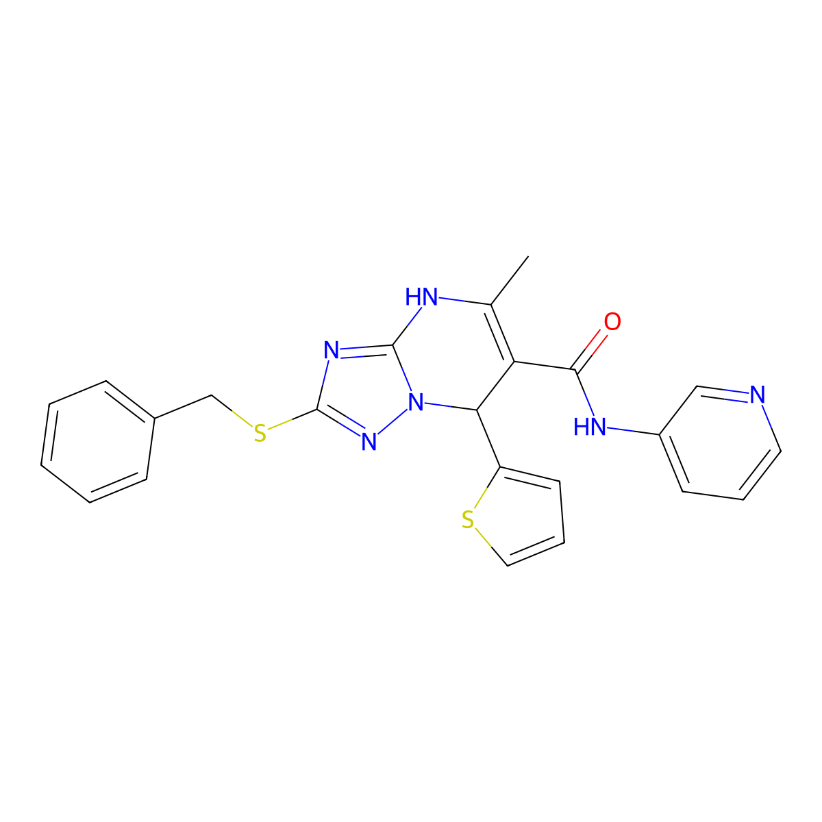 2-(benzylsulfanyl)-5-methyl-N-(pyridin-3-yl)-7-(thiophen-2-yl)-4H,7H-[1,2,4]triazolo[1,5-a]pyrimidine-6-carboxamide molecular structure, CAS 536985-83-8
