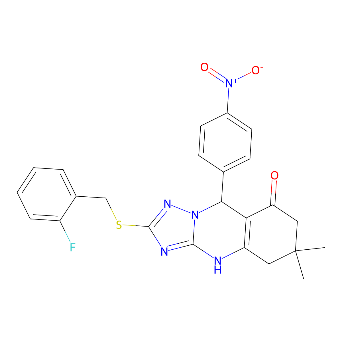 2-((2-fluorobenzyl)thio)-6,6-dimethyl-9-(4-nitrophenyl)-5,6,7,9-tetrahydro-[1,2,4]triazolo[5,1-b]quinazolin-8(4H)-one molecular structure, CAS 536985-90-7