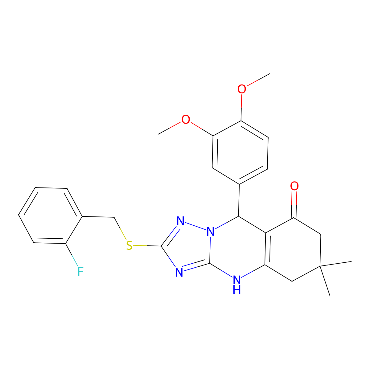 9-(3,4-dimethoxyphenyl)-2-((2-fluorobenzyl)thio)-6,6-dimethyl-5,6,7,9-tetrahydro-[1,2,4]triazolo[5,1-b]quinazolin-8(4H)-one molecular structure, CAS 536986-21-7