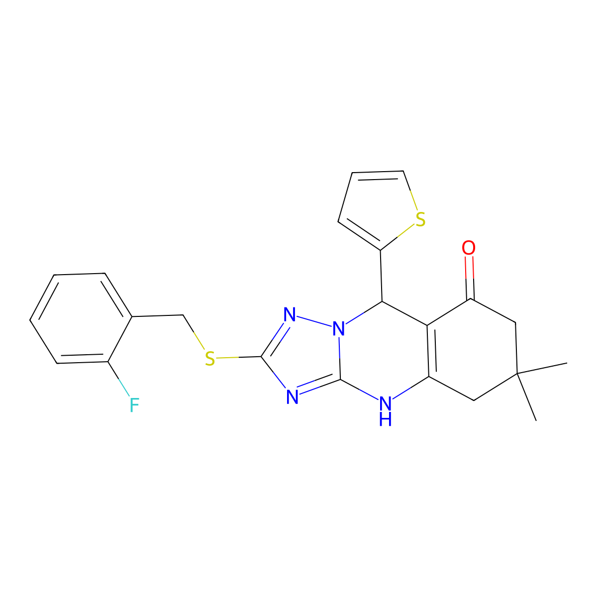 2-((2-fluorobenzyl)thio)-6,6-dimethyl-9-(thiophen-2-yl)-5,6,7,9-tetrahydro-[1,2,4]triazolo[5,1-b]quinazolin-8(4H)-one molecular structure, CAS 536986-26-2