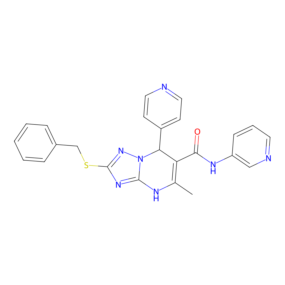 2-(benzylsulfanyl)-5-methyl-N-(pyridin-3-yl)-7-(pyridin-4-yl)-4H,7H-[1,2,4]triazolo[1,5-a]pyrimidine-6-carboxamide molecular structure, CAS 536986-28-4