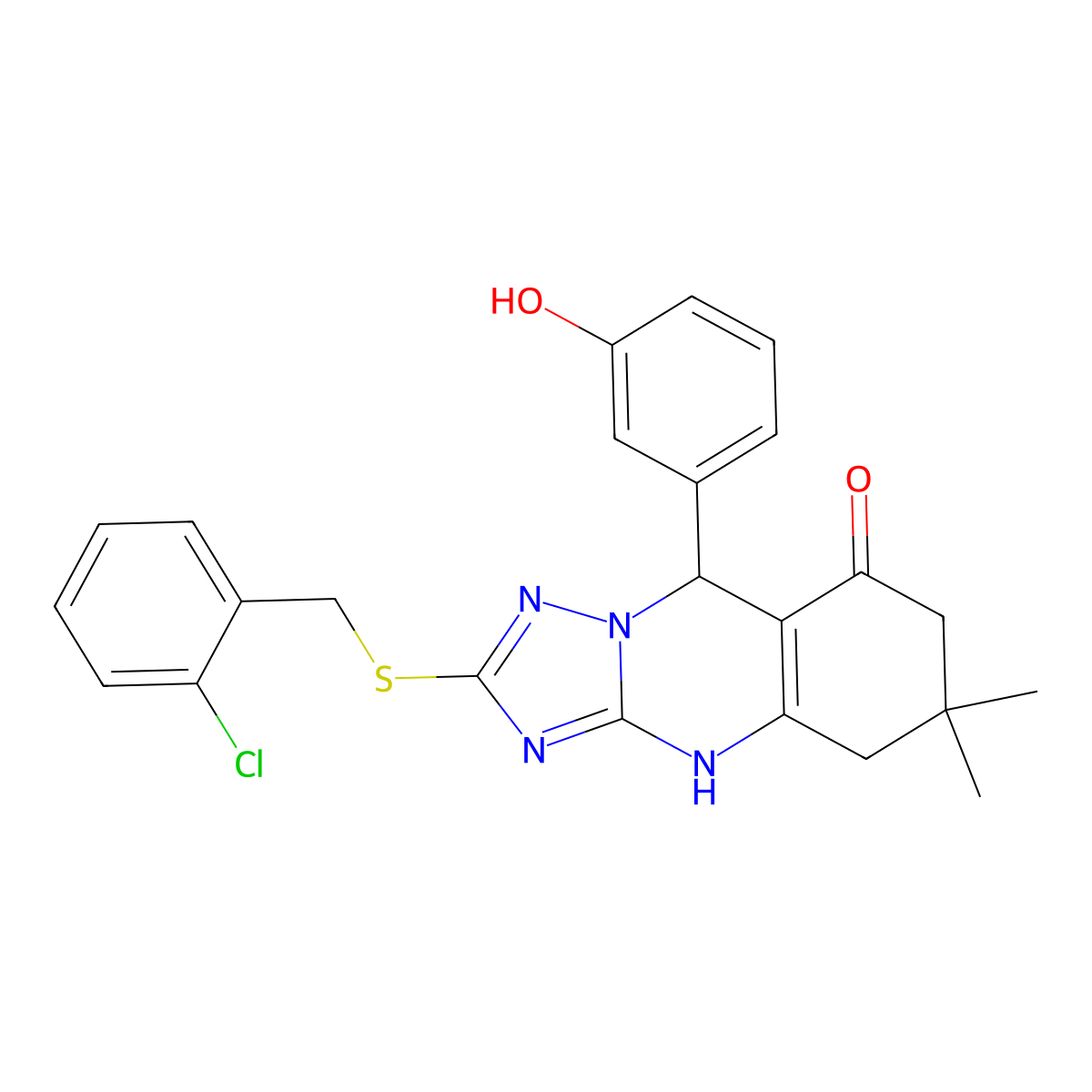 2-((2-chlorobenzyl)thio)-9-(3-hydroxyphenyl)-6,6-dimethyl-5,6,7,9-tetrahydro-[1,2,4]triazolo[5,1-b]quinazolin-8(4H)-one molecular structure, CAS 536986-82-0