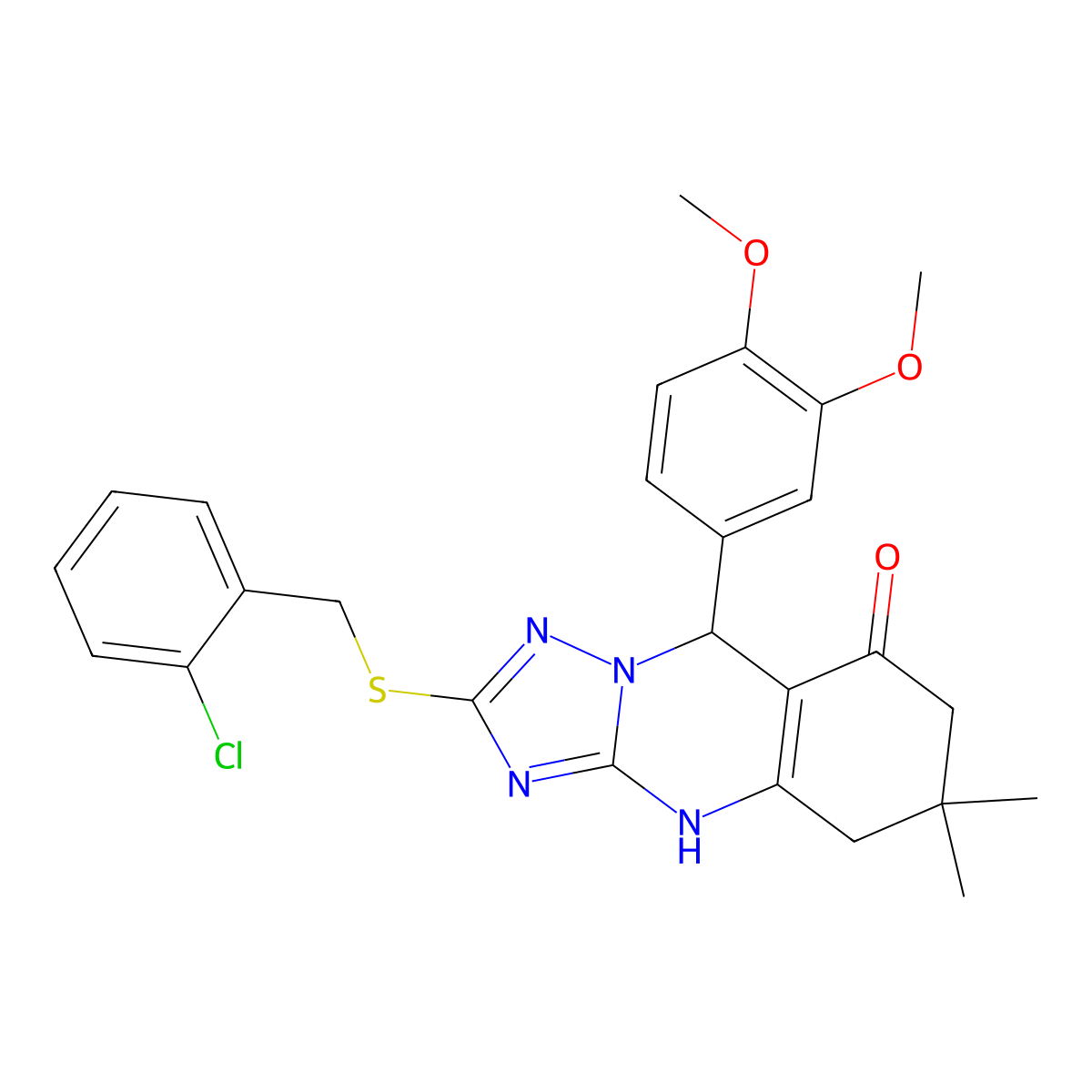 2-((2-chlorobenzyl)thio)-9-(3,4-dimethoxyphenyl)-6,6-dimethyl-5,6,7,9-tetrahydro-[1,2,4]triazolo[5,1-b]quinazolin-8(4H)-one molecular structure, CAS 536986-91-1