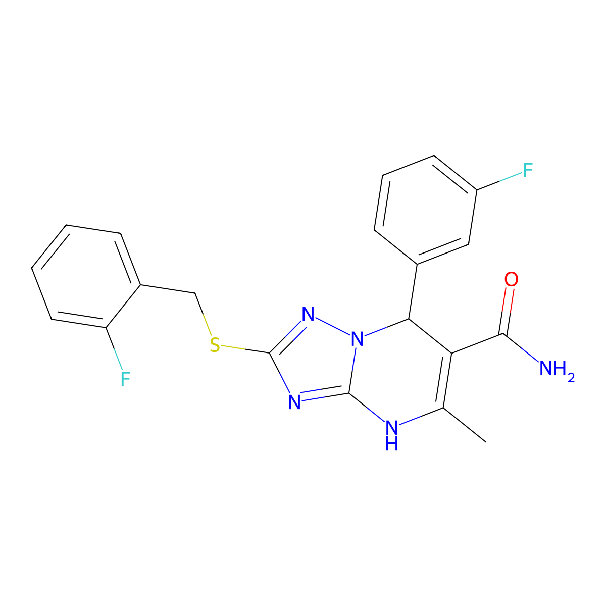 2-[(2-Fluorobenzyl)thio]-7-(3-fluorophenyl)-5-methyl-4,7-dihydro[1,2,4]triazolo[1,5-a]pyrimidine-6-carboxamide molecular structure, CAS 536989-73-8