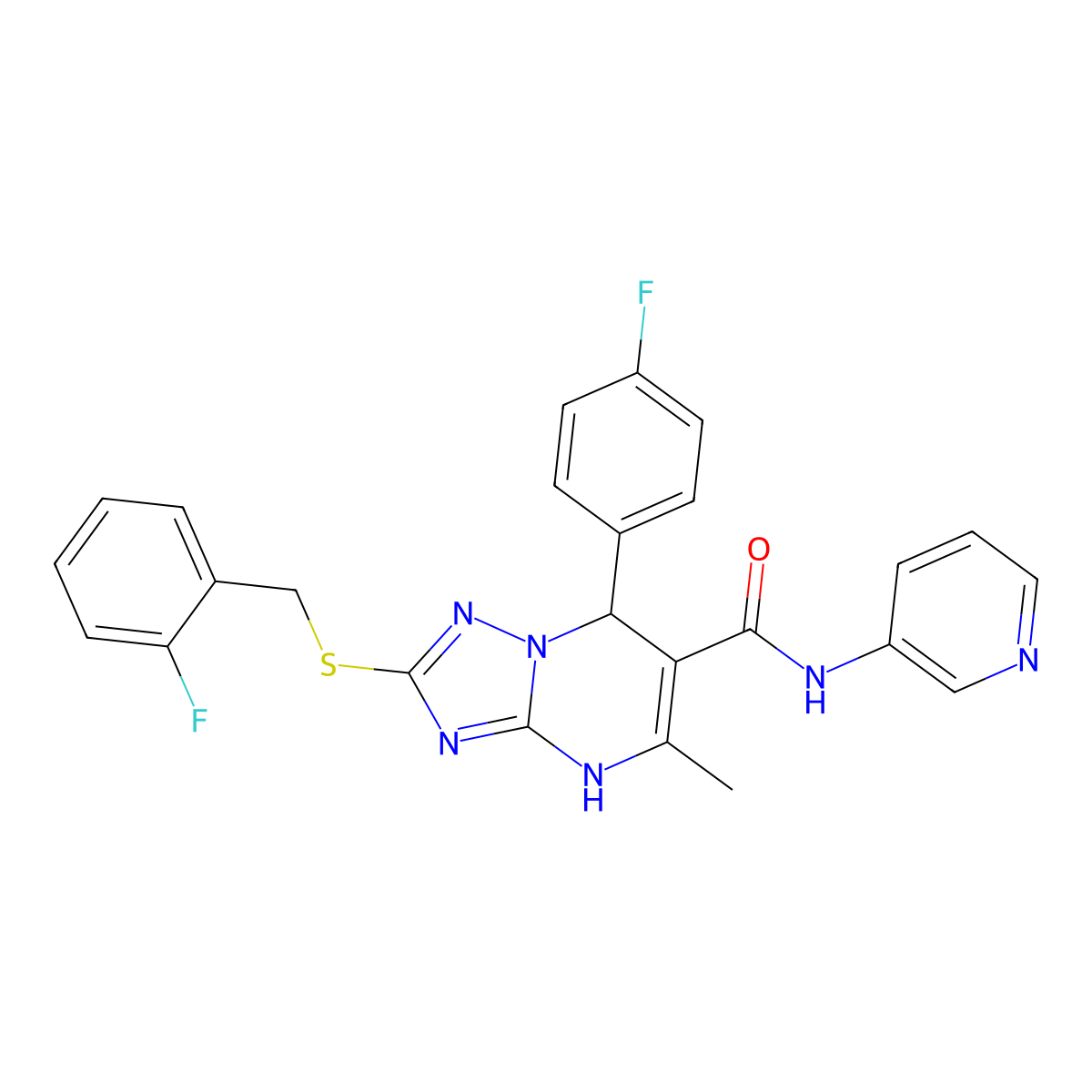 2-((2-fluorobenzyl)thio)-7-(4-fluorophenyl)-5-methyl-N-(pyridin-3-yl)-4,7-dihydro-[1,2,4]triazolo[1,5-a]pyrimidine-6-carboxamide molecular structure, CAS 536989-81-8