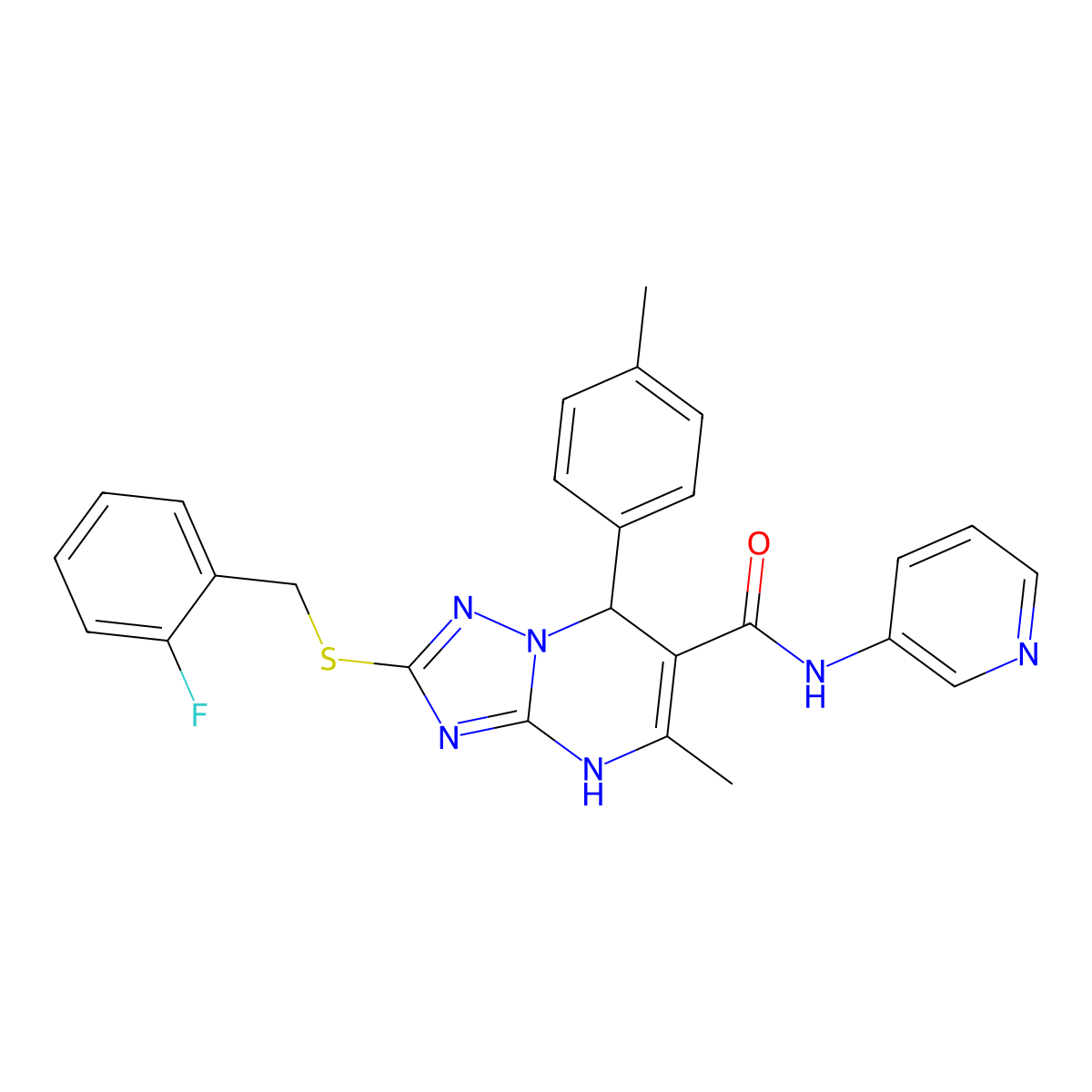 2-((2-fluorobenzyl)thio)-5-methyl-N-(pyridin-3-yl)-7-(p-tolyl)-4,7-dihydro-[1,2,4]triazolo[1,5-a]pyrimidine-6-carboxamide molecular structure, CAS 536990-11-1