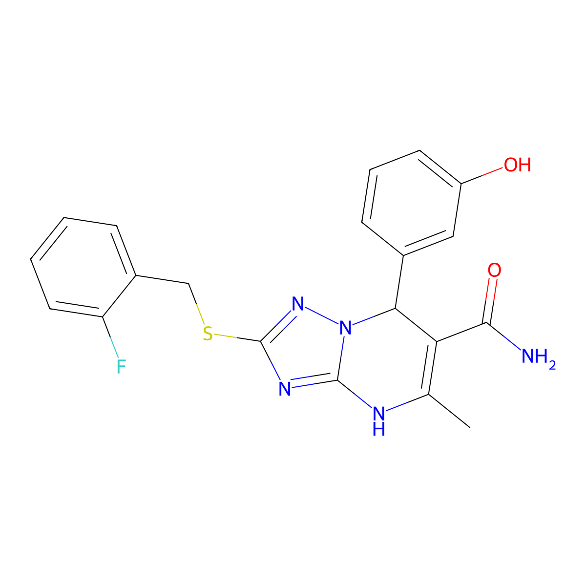 2-[(2-Fluorobenzyl)sulfanyl]-7-(3-hydroxyphenyl)-5-methyl-4,7-dihydro[1,2,4]triazolo[1,5-a]pyrimidine-6-carboxamide molecular structure, CAS 536990-43-9