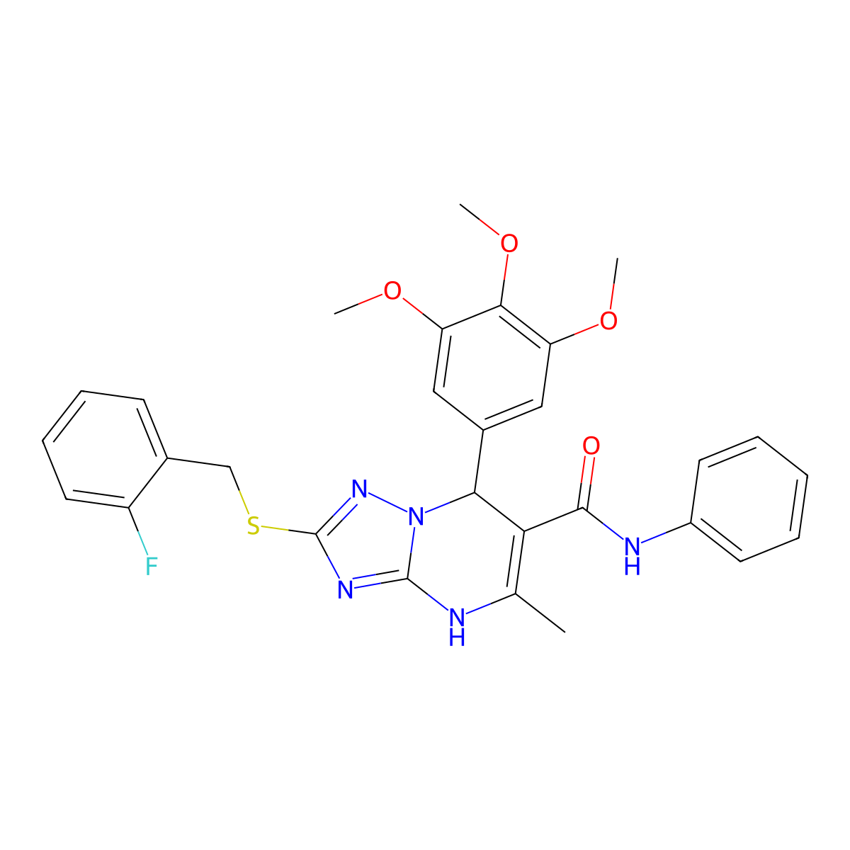 2-((2-fluorobenzyl)thio)-5-methyl-N-phenyl-7-(3,4,5-trimethoxyphenyl)-4,7-dihydro-[1,2,4]triazolo[1,5-a]pyrimidine-6-carboxamide molecular structure, CAS 536990-75-7
