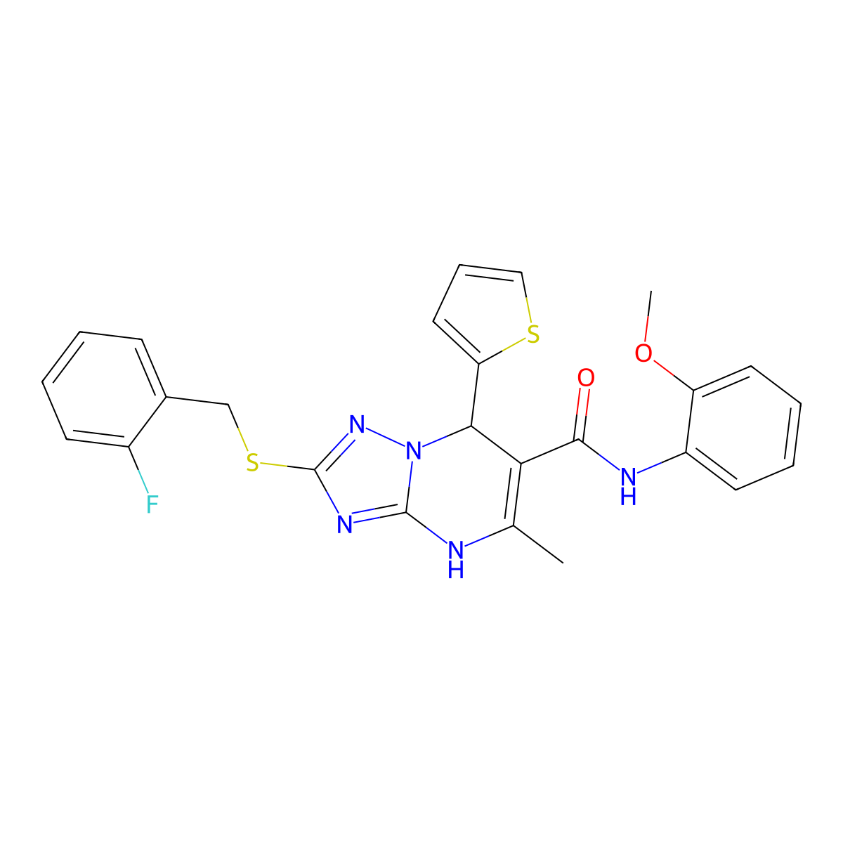 2-((2-fluorobenzyl)thio)-N-(2-methoxyphenyl)-5-methyl-7-(thiophen-2-yl)-4,7-dihydro-[1,2,4]triazolo[1,5-a]pyrimidine-6-carboxamide molecular structure, CAS 536990-87-1