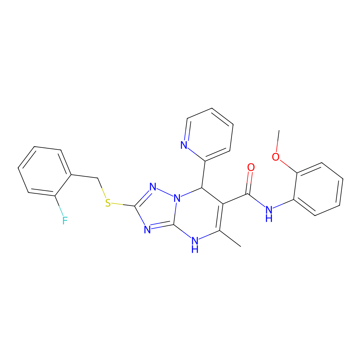 2-((2-fluorobenzyl)thio)-N-(2-methoxyphenyl)-5-methyl-7-(pyridin-2-yl)-4,7-dihydro-[1,2,4]triazolo[1,5-a]pyrimidine-6-carboxamide molecular structure, CAS 536990-92-8