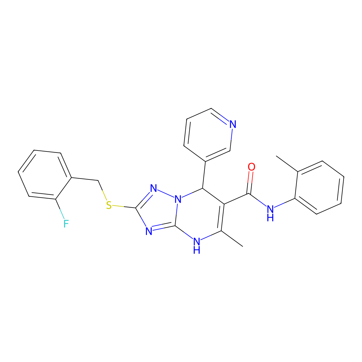 2-((2-fluorobenzyl)thio)-5-methyl-7-(pyridin-3-yl)-N-(o-tolyl)-4,7-dihydro-[1,2,4]triazolo[1,5-a]pyrimidine-6-carboxamide molecular structure, CAS 536990-96-2