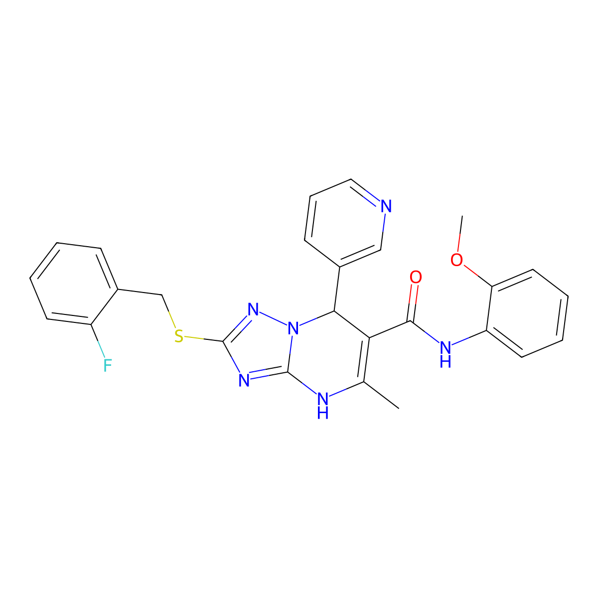 2-[(2-fluorobenzyl)thio]-N-(2-methoxyphenyl)-5-methyl-7-pyridin-3-yl-4,7-dihydro[1,2,4]triazolo[1,5-a]pyrimidine-6-carboxamide molecular structure, CAS 536990-97-3
