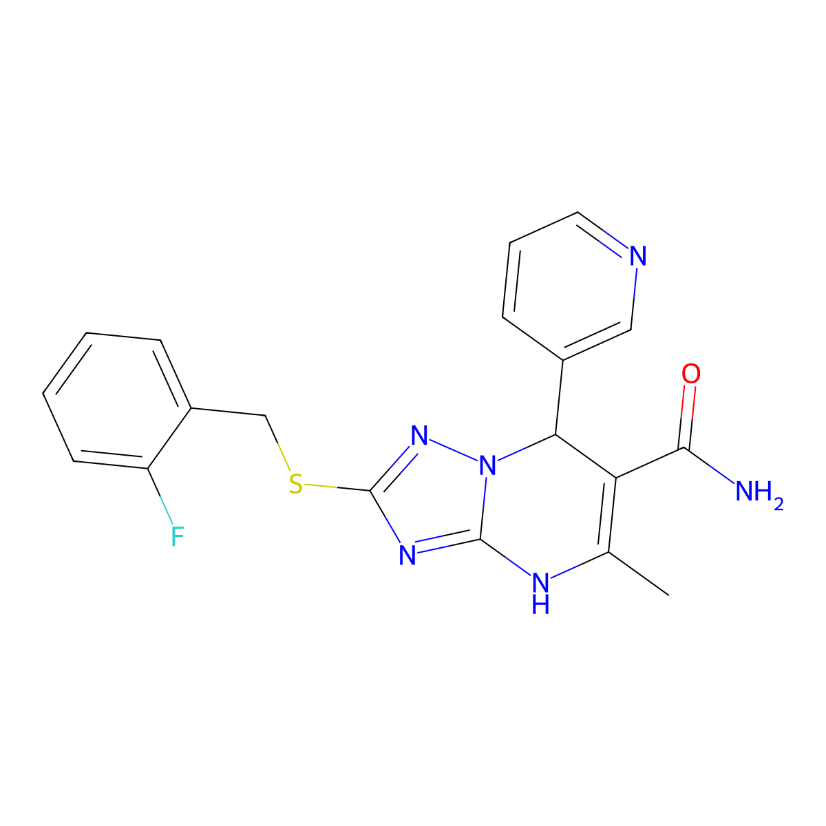 2-[(2-Fluorobenzyl)thio]-5-methyl-7-pyridin-3-yl-4,7-dihydro[1,2,4]triazolo[1,5-a]pyrimidine-6-carboxamide molecular structure, CAS 536990-99-5