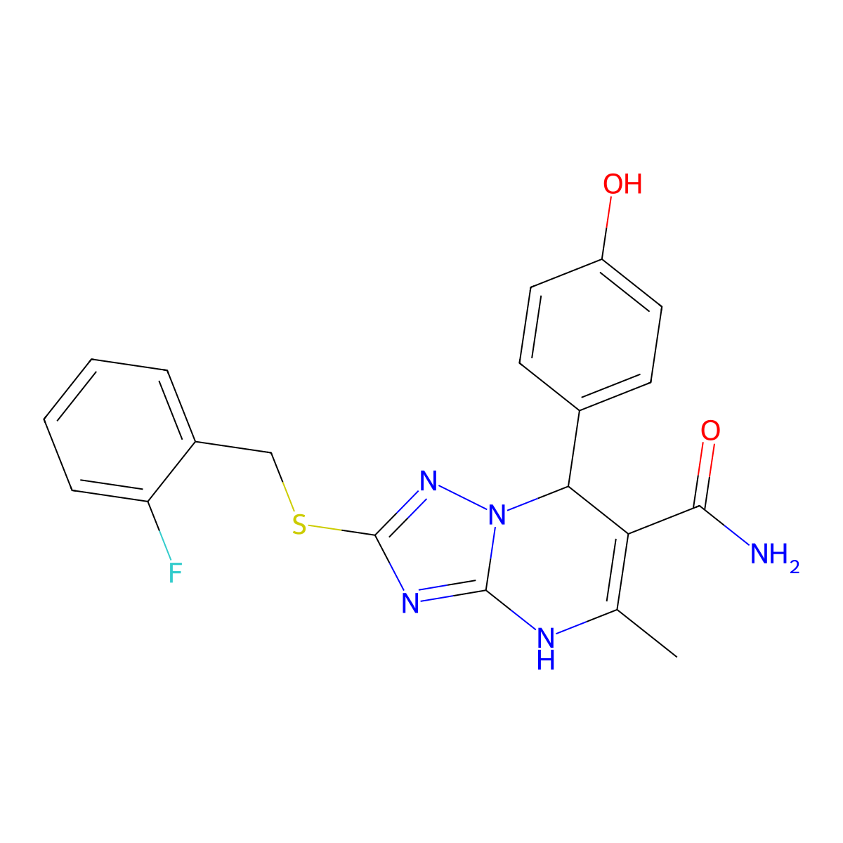 2-[(2-Fluorobenzyl)thio]-7-(4-hydroxyphenyl)-5-methyl-4,7-dihydro[1,2,4]triazolo[1,5-a]pyrimidine-6-carboxamide molecular structure, CAS 536991-09-0