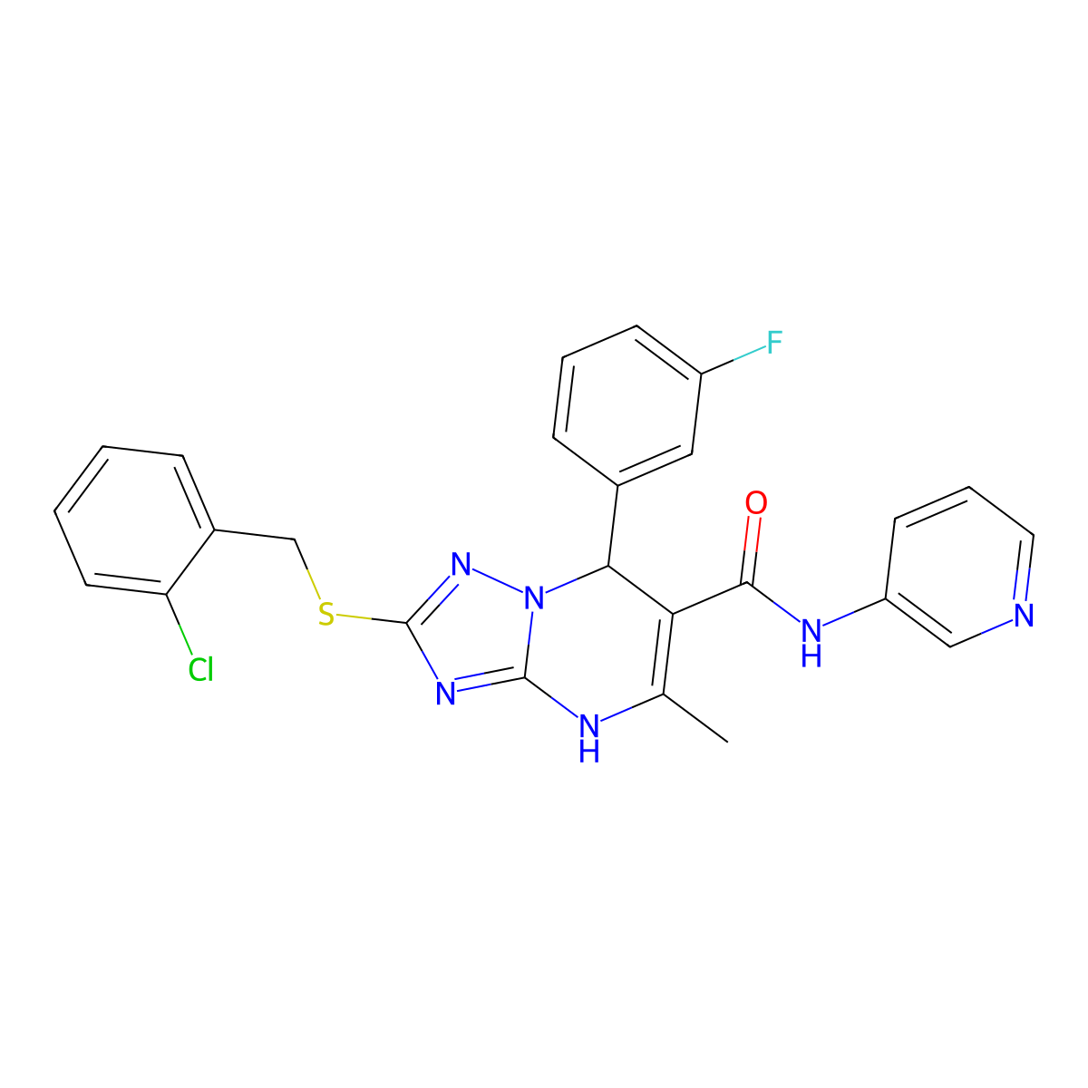 2-((2-chlorobenzyl)thio)-7-(3-fluorophenyl)-5-methyl-N-(pyridin-3-yl)-4,7-dihydro-[1,2,4]triazolo[1,5-a]pyrimidine-6-carboxamide molecular structure, CAS 536991-43-2