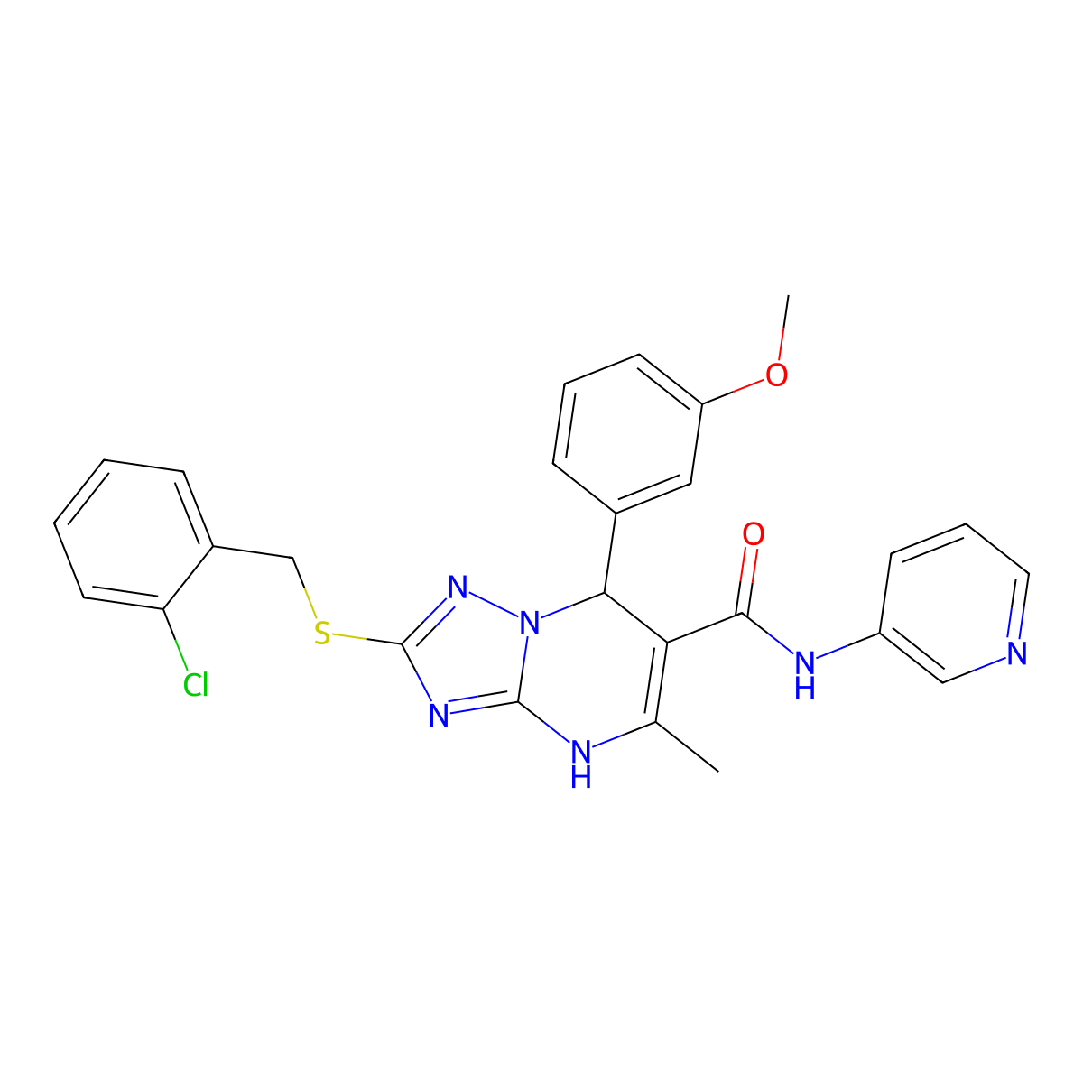 2-{[(2-Chlorophenyl)methyl]sulfanyl}-7-(3-methoxyphenyl)-5-methyl-N-(pyridin-3-YL)-4H,7H-[1,2,4]triazolo[1,5-A]pyrimidine-6-carboxamide molecular structure, CAS 536991-58-9