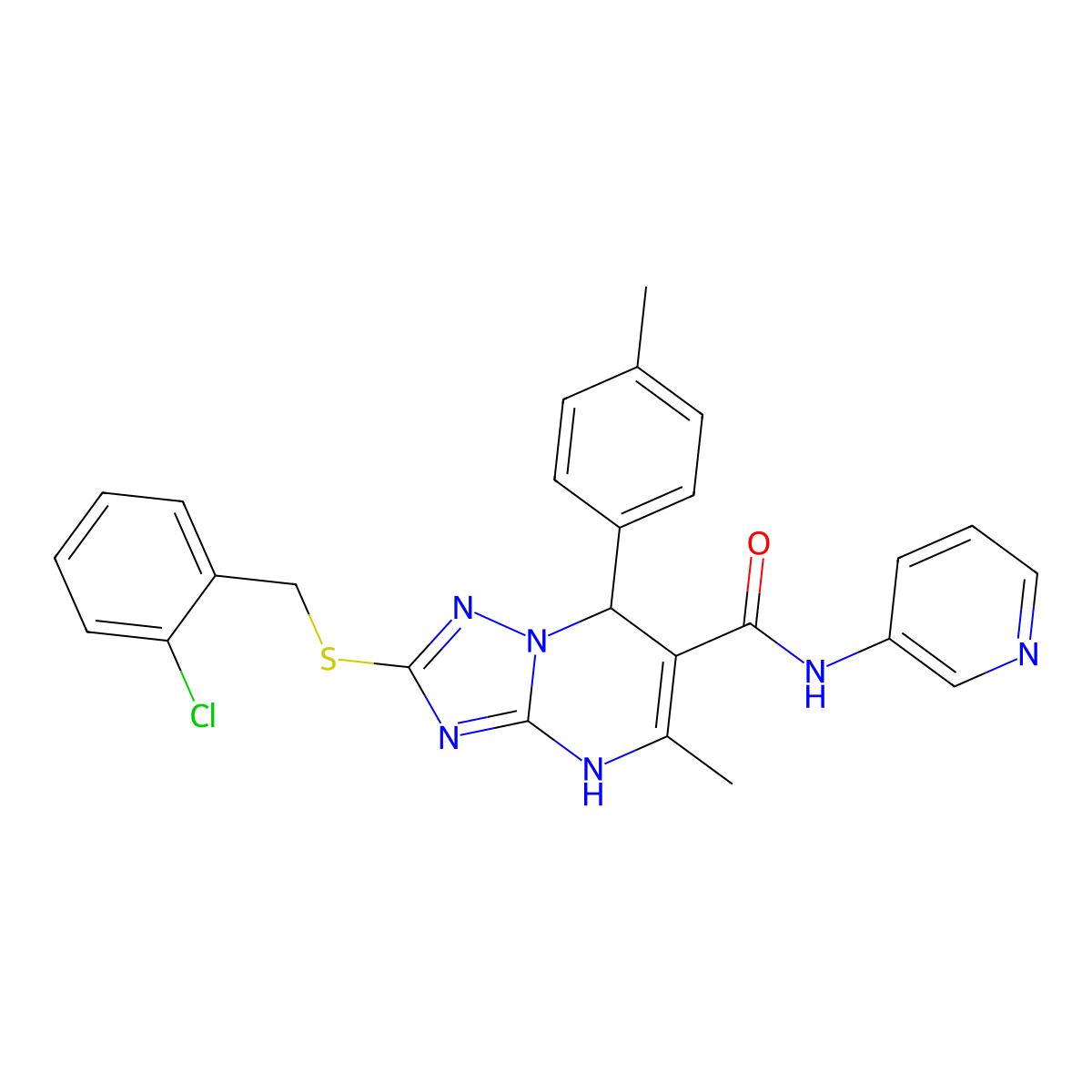 2-((2-chlorobenzyl)thio)-5-methyl-N-(pyridin-3-yl)-7-(p-tolyl)-4,7-dihydro-[1,2,4]triazolo[1,5-a]pyrimidine-6-carboxamide molecular structure, CAS 536991-63-6