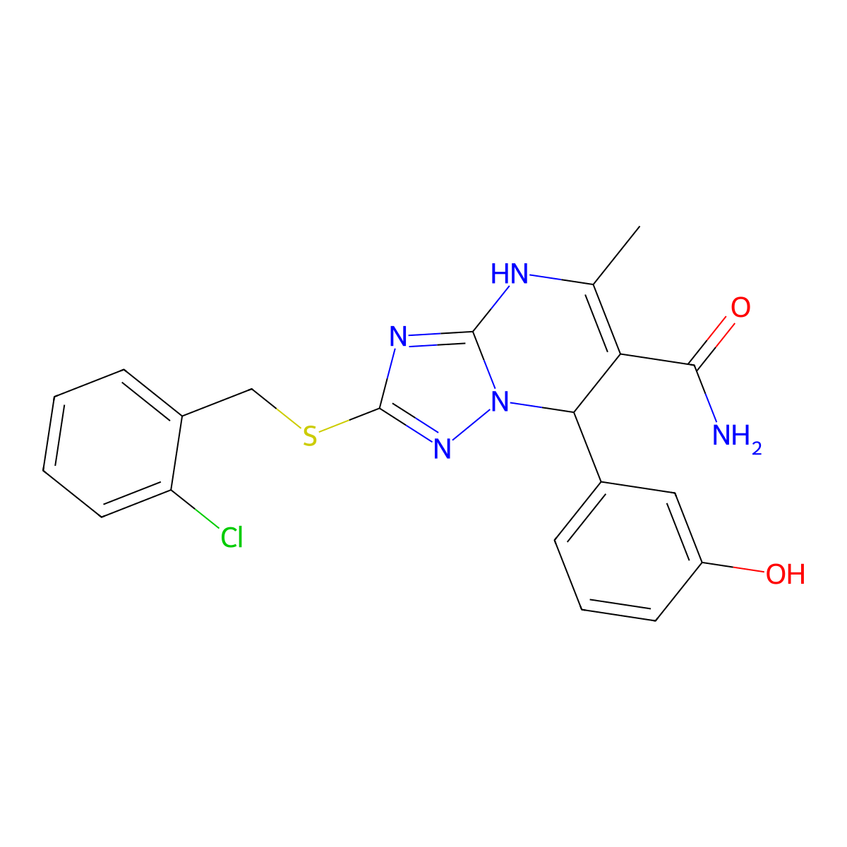 2-[(2-Chlorobenzyl)sulfanyl]-7-(3-hydroxyphenyl)-5-methyl-4,7-dihydro[1,2,4]triazolo[1,5-a]pyrimidine-6-carboxamide molecular structure, CAS 536991-79-4