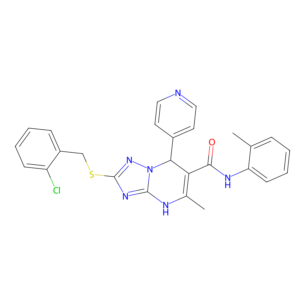 2-((2-chlorobenzyl)thio)-5-methyl-7-(pyridin-4-yl)-N-(o-tolyl)-4,7-dihydro-[1,2,4]triazolo[1,5-a]pyrimidine-6-carboxamide molecular structure, CAS 536992-16-2