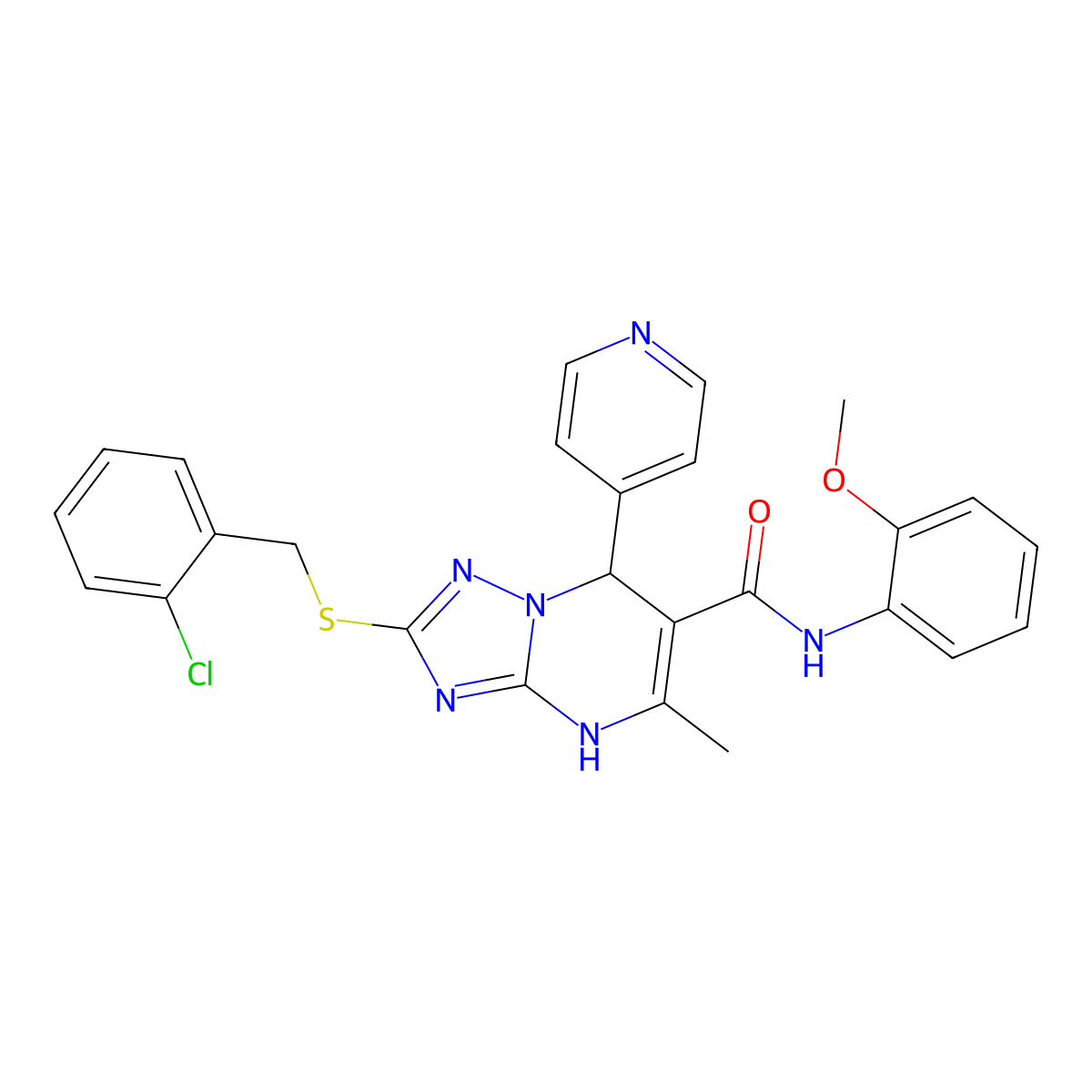 2-((2-chlorobenzyl)thio)-N-(2-methoxyphenyl)-5-methyl-7-(pyridin-4-yl)-4,7-dihydro-[1,2,4]triazolo[1,5-a]pyrimidine-6-carboxamide molecular structure, CAS 536992-17-3