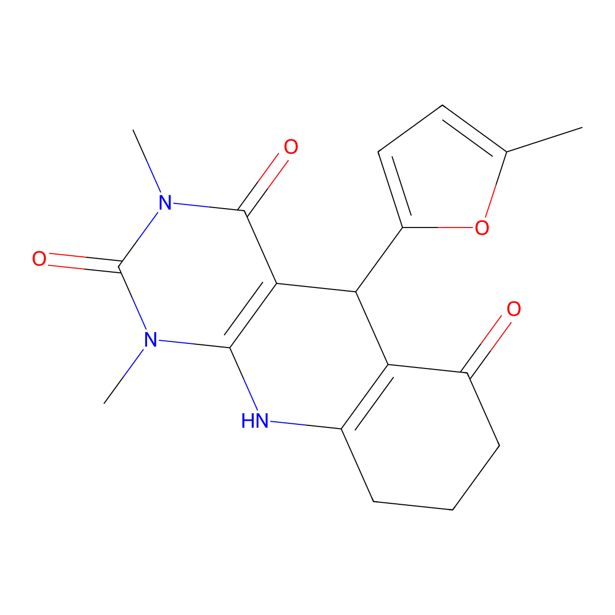 1,3-dimethyl-5-(5-methylfuran-2-yl)-7,8,9,10-tetrahydropyrimido[4,5-b]quinoline-2,4,6(1H,3H,5H)-trione molecular structure, CAS 537008-33-6