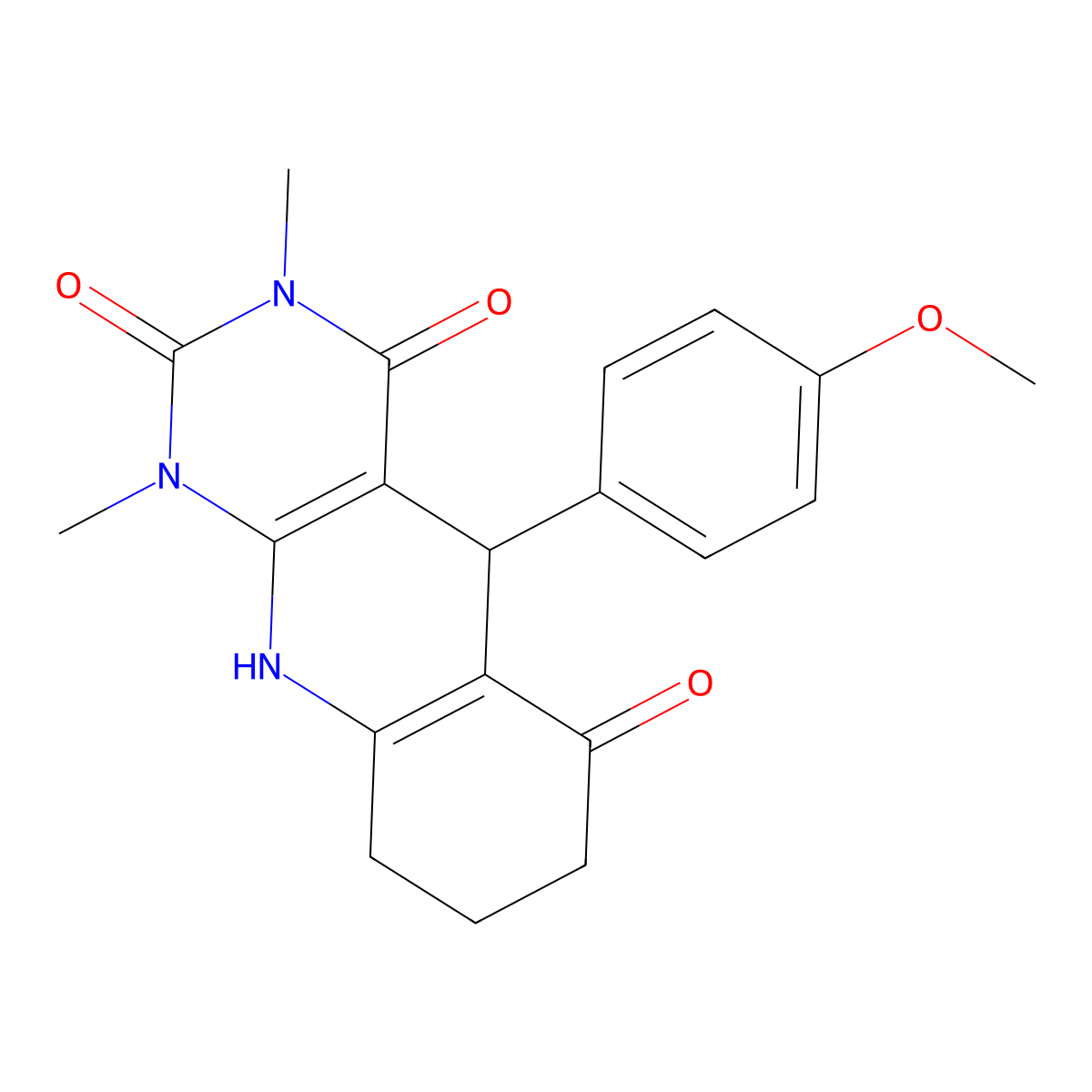5-(4-methoxyphenyl)-1,3-dimethyl-5,8,9,10-tetrahydropyrimido[4,5-b]quinoline-2,4,6(1H,3H,7H)-trione molecular structure, CAS 537008-65-4