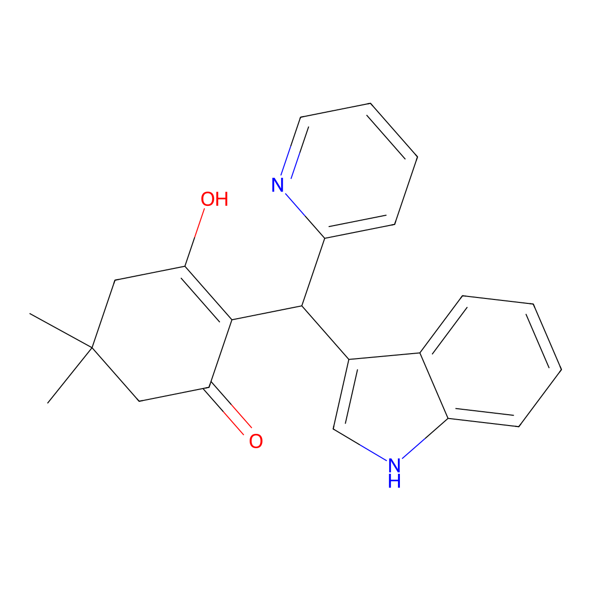 2-((1H-indol-3-yl)(pyridin-2-yl)methyl)-3-hydroxy-5,5-dimethylcyclohex-2-enone molecular structure, CAS 537010-97-2