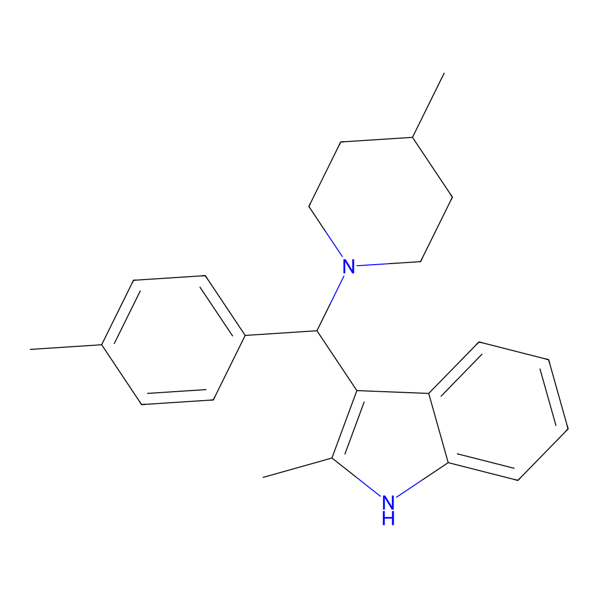 2-methyl-3-((4-methylpiperidin-1-yl)(p-tolyl)methyl)-1H-indole molecular structure, CAS 537011-28-2