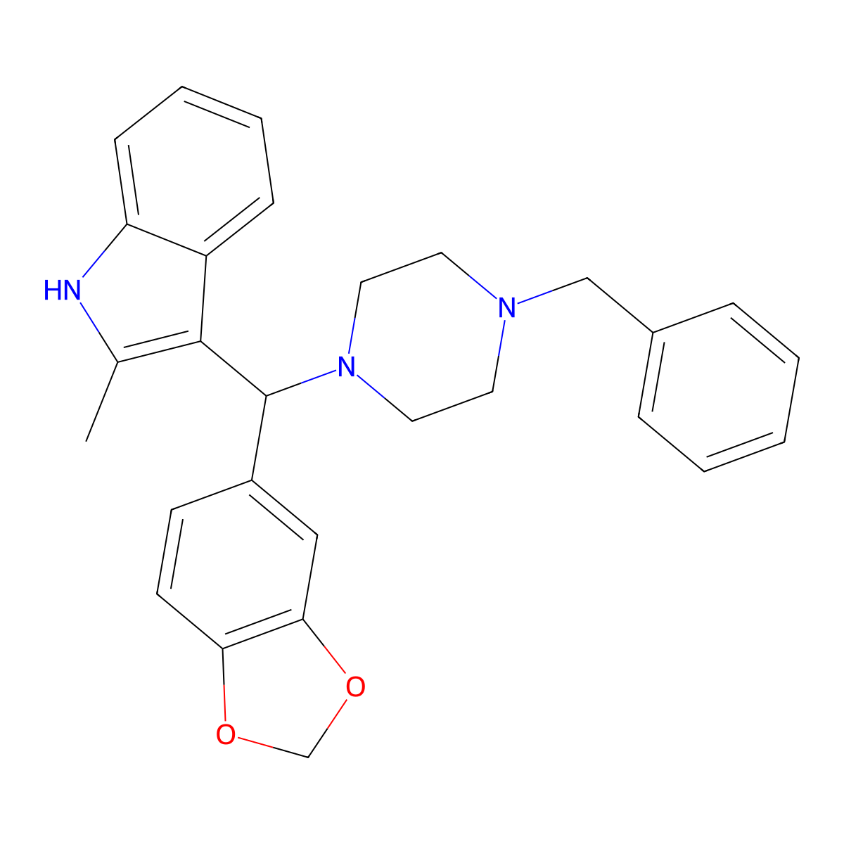 3-(benzo[d][1,3]dioxol-5-yl(4-benzylpiperazin-1-yl)methyl)-2-methyl-1H-indole molecular structure, CAS 537011-59-9