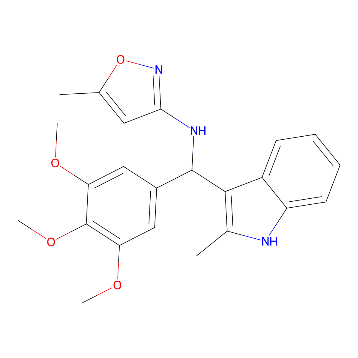 5-methyl-N-[(2-methyl-1H-indol-3-yl)(3,4,5-trimethoxyphenyl)methyl]-1,2-oxazol-3-amine molecular structure, CAS 537011-79-3