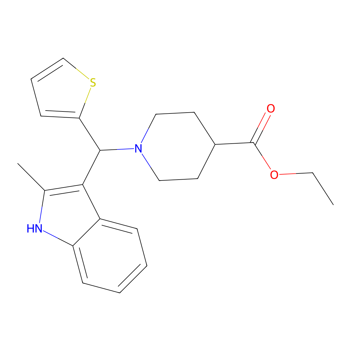 ethyl 1-[(2-methyl-1H-indol-3-yl)(thiophen-2-yl)methyl]piperidine-4-carboxylate molecular structure, CAS 537011-81-7