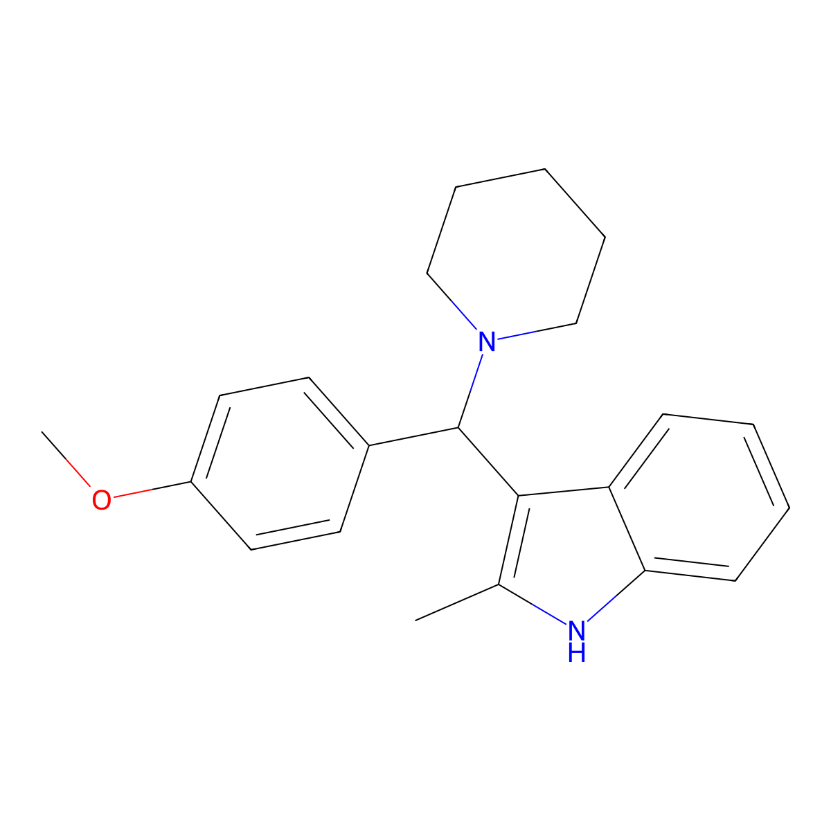 3-((4-methoxyphenyl)(piperidin-1-yl)methyl)-2-methyl-1H-indole molecular structure, CAS 537012-31-0