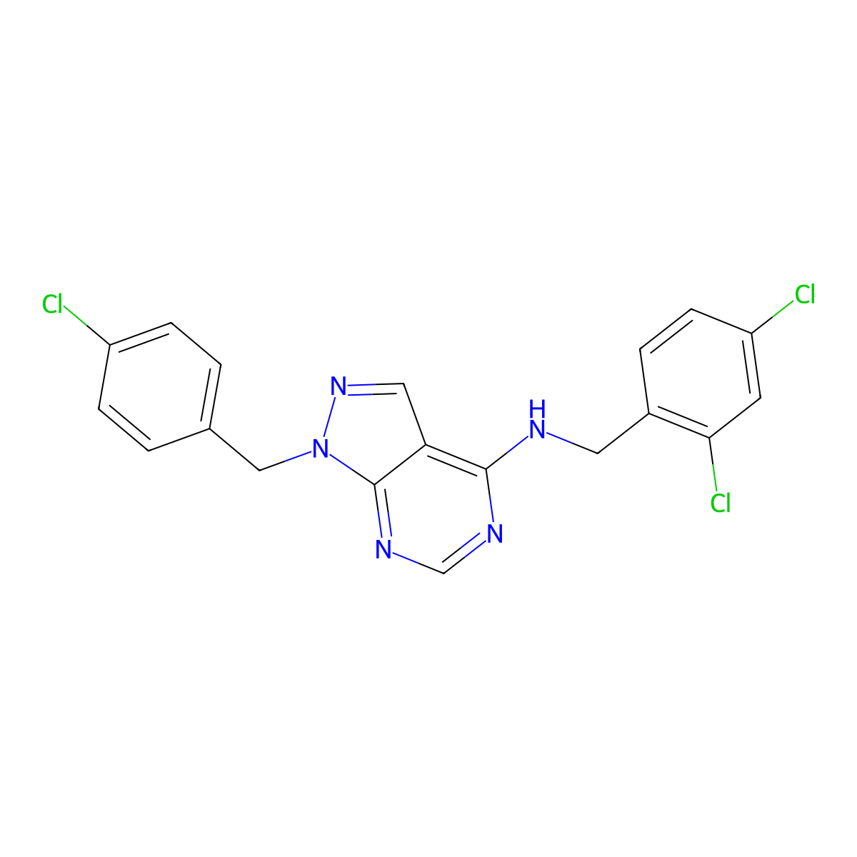 1-(4-chlorobenzyl)-N-(2,4-dichlorobenzyl)-1H-pyrazolo[3,4-d]pyrimidin-4-amine molecular structure, CAS 537012-37-6