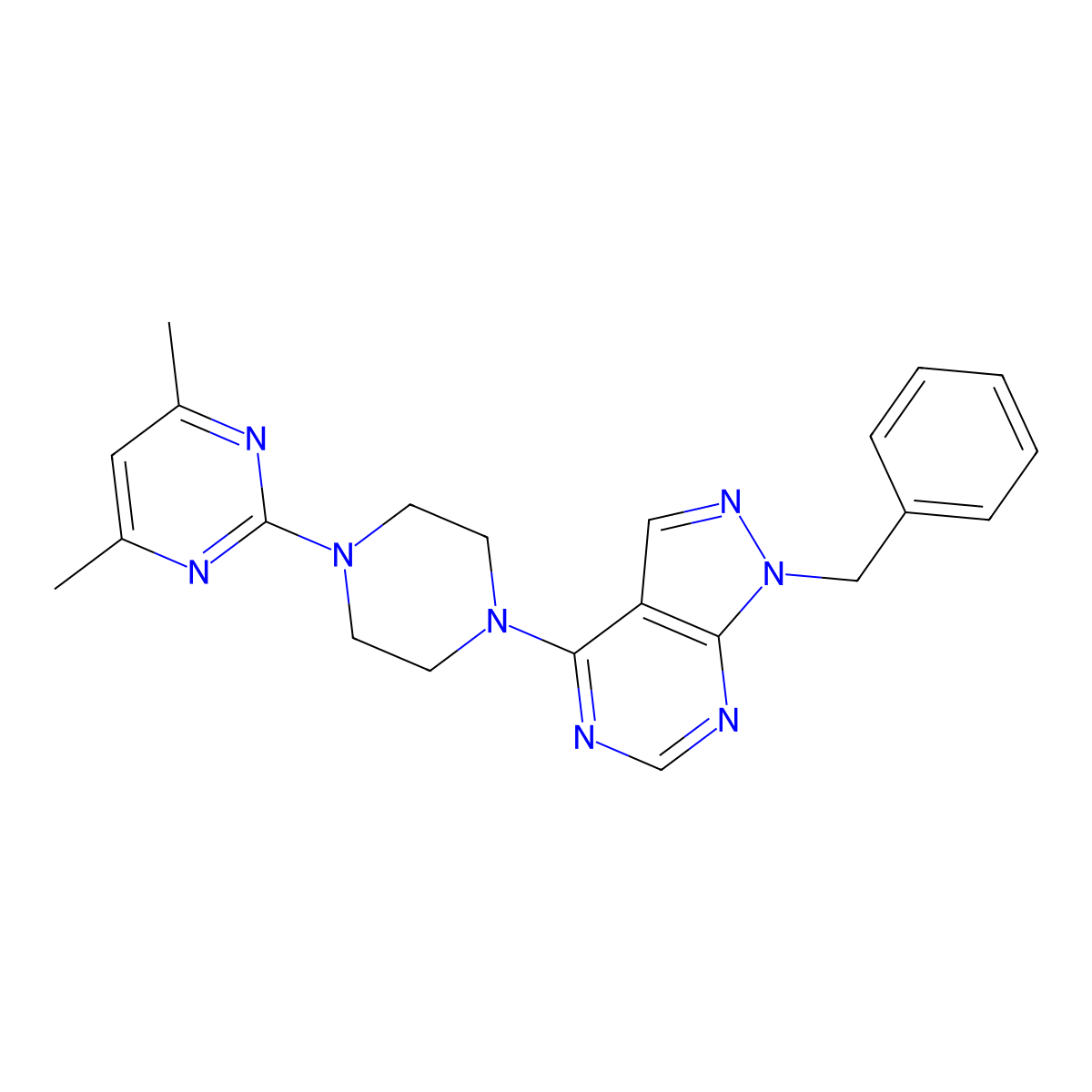1-benzyl-4-[4-(4,6-dimethylpyrimidin-2-yl)piperazin-1-yl]-1H-pyrazolo[3,4-d]pyrimidine molecular structure, CAS 537016-26-5