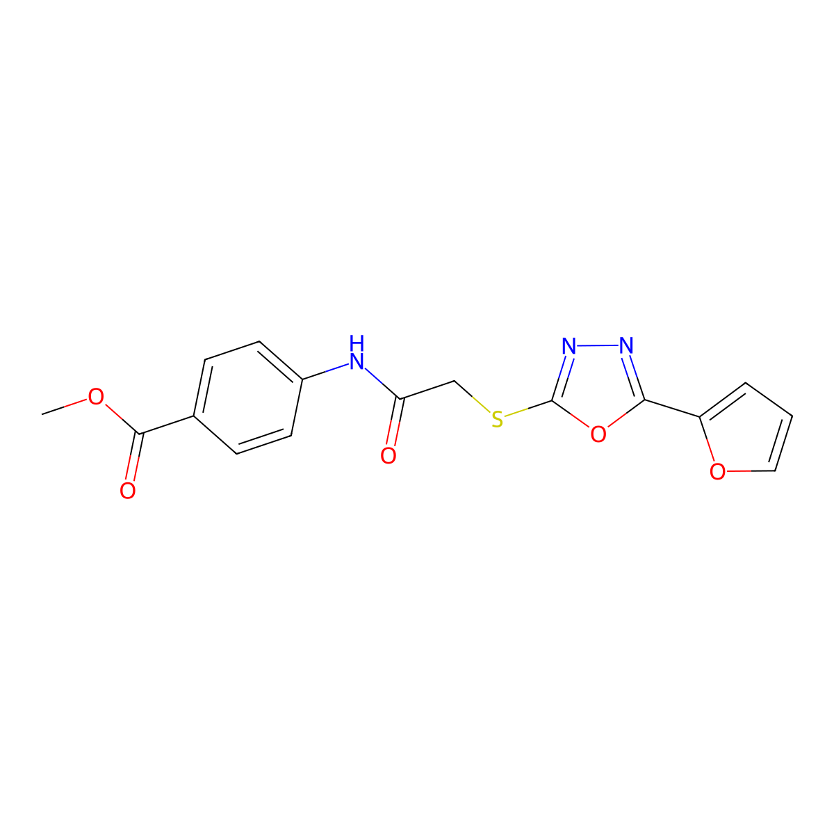 Methyl 4-(2-{[5-(furan-2-yl)-1,3,4-oxadiazol-2-yl]sulfanyl}acetamido)benzoate molecular structure, CAS 5371-83-5