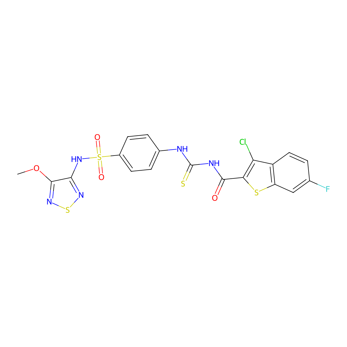 3-chloro-6-fluoro-N-[[4-[(4-methoxy-1,2,5-thiadiazol-3-yl)sulfamoyl]phenyl]carbamothioyl]-1-benzothiophene-2-carboxamide molecular structure, CAS 5374-15-2