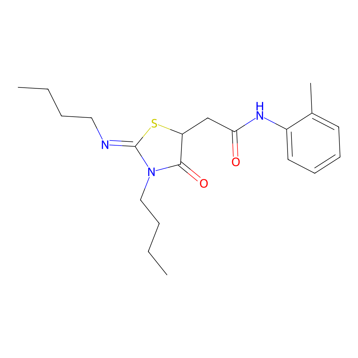 2-[(2Z)-3-butyl-2-(butylimino)-4-oxo-1,3-thiazolidin-5-yl]-N-(2-methylphenyl)acetamide molecular structure, CAS 537660-21-2