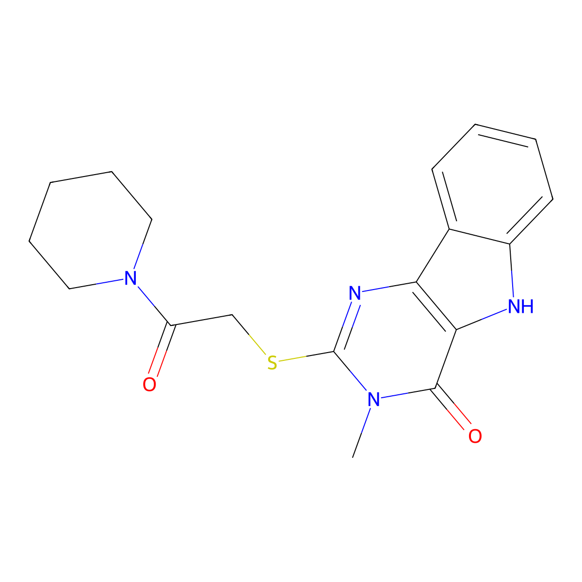 3-methyl-2-((2-oxo-2-(piperidin-1-yl)ethyl)thio)-3H-pyrimido[5,4-b]indol-4(5H)-one molecular structure, CAS 537667-67-7