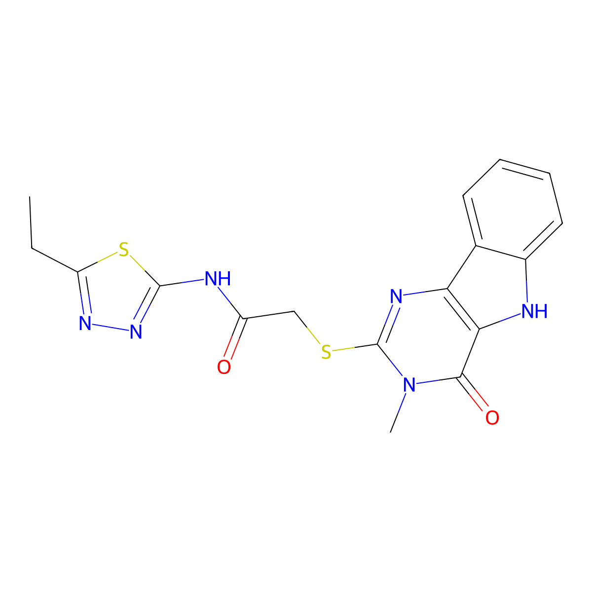 N-(5-ethyl-1,3,4-thiadiazol-2-yl)-2-((3-methyl-4-oxo-4,5-dihydro-3H-pyrimido[5,4-b]indol-2-yl)thio)acetamide molecular structure, CAS 537667-78-0