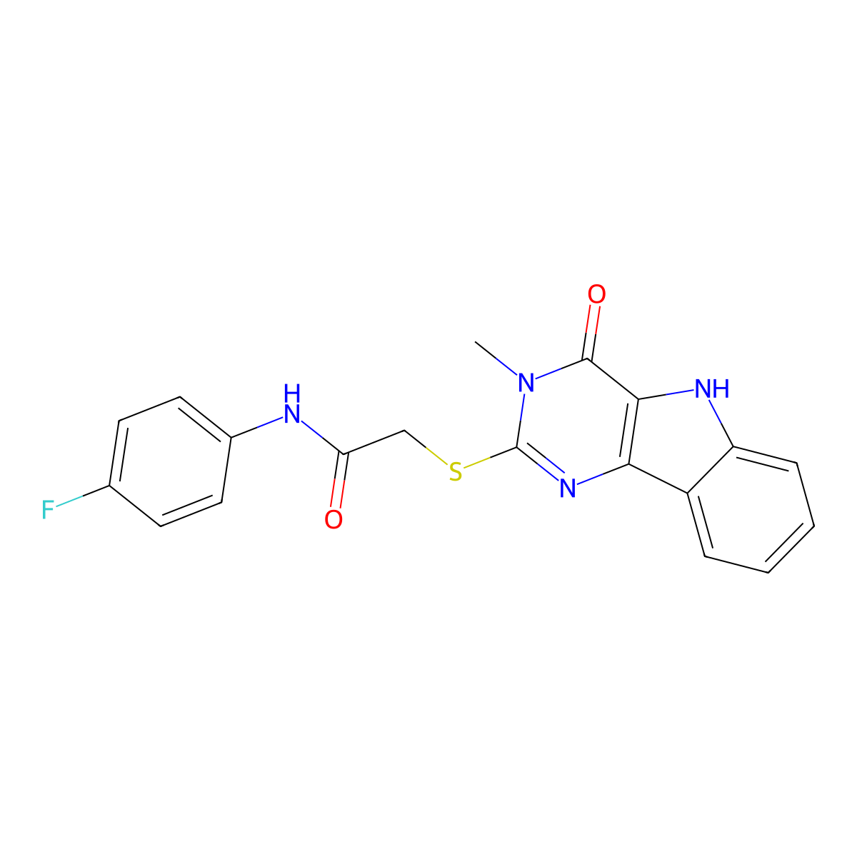 N-(4-fluorophenyl)-2-((3-methyl-4-oxo-4,5-dihydro-3H-pyrimido[5,4-b]indol-2-yl)thio)acetamide molecular structure, CAS 537667-84-8