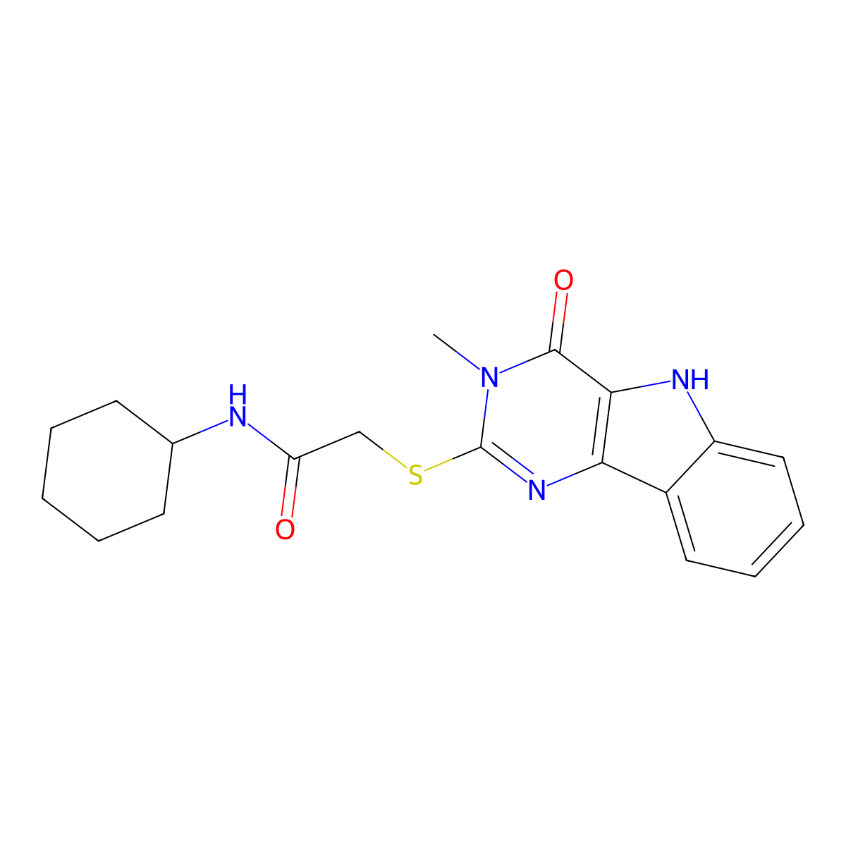 N-cyclohexyl-2-((3-methyl-4-oxo-4,5-dihydro-3H-pyrimido[5,4-b]indol-2-yl)thio)acetamide molecular structure, CAS 537667-94-0