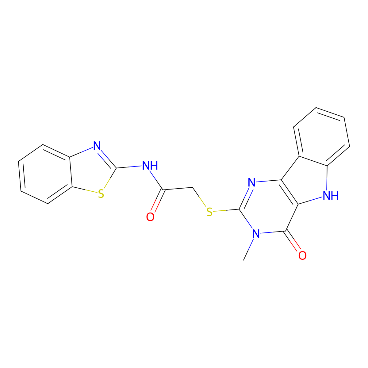 N-(benzo[d]thiazol-2-yl)-2-((3-methyl-4-oxo-4,5-dihydro-3H-pyrimido[5,4-b]indol-2-yl)thio)acetamide molecular structure, CAS 537668-01-2