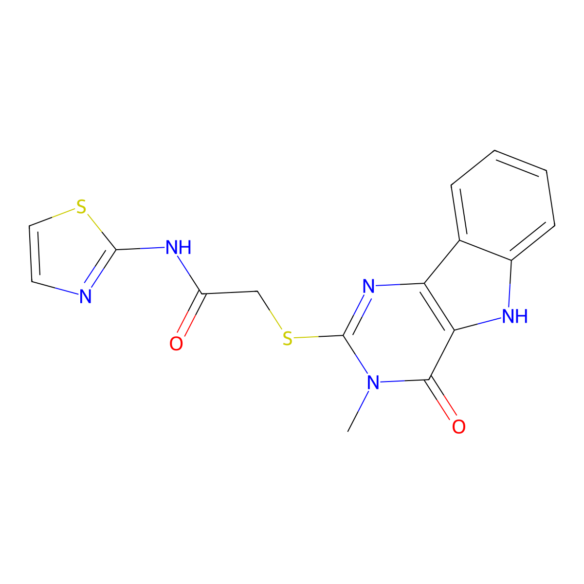 2-((3-methyl-4-oxo-4,5-dihydro-3H-pyrimido[5,4-b]indol-2-yl)thio)-N-(thiazol-2-yl)acetamide molecular structure, CAS 537668-03-4